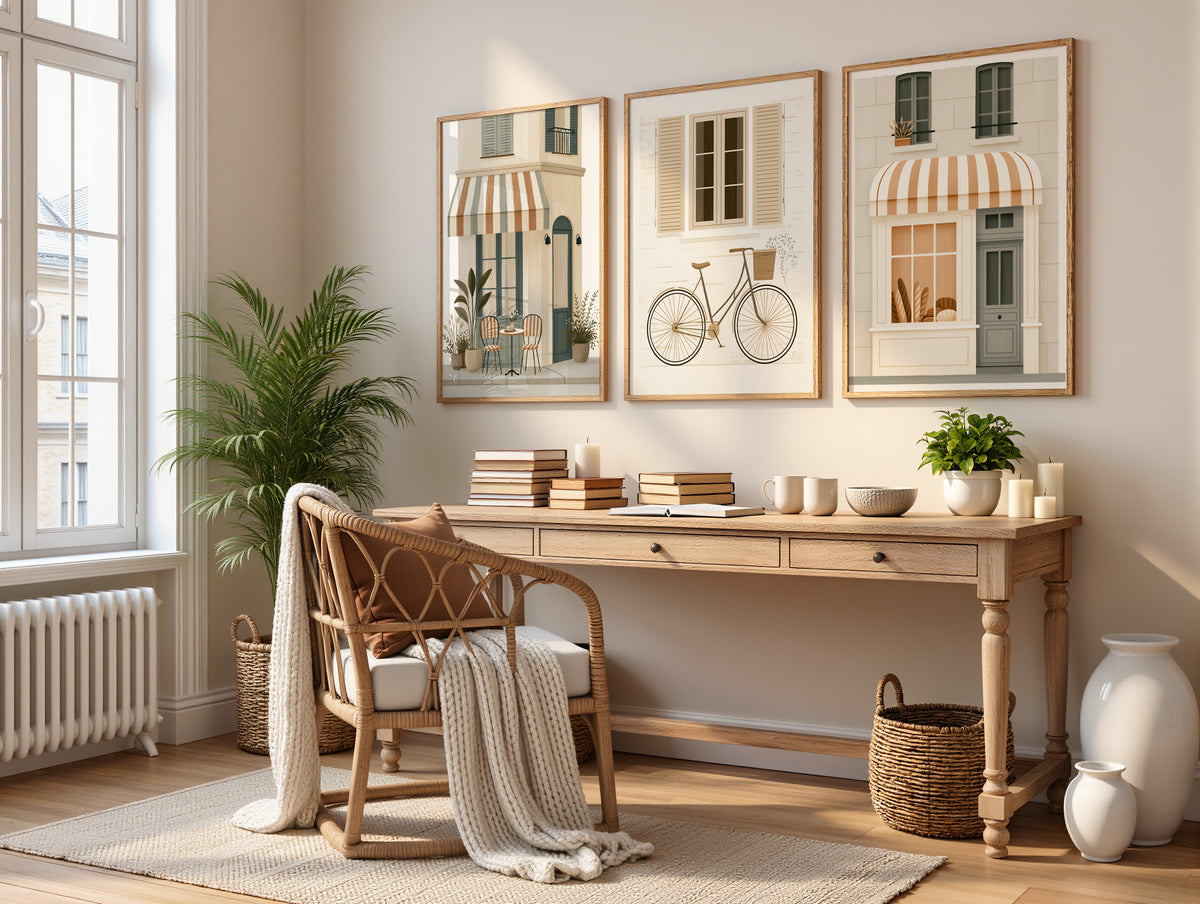 A styled interior room with a wooden desk, wicker chair, plants, books, and three framed street-art prints hanging on the wall above the desk.