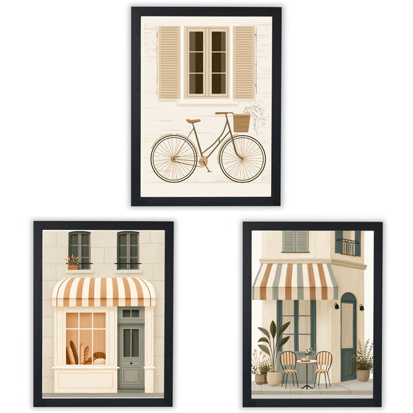 Set of 3 Neutral Wall Art Prints featuring bicycle and charming storefronts in soft colours - Black Frame