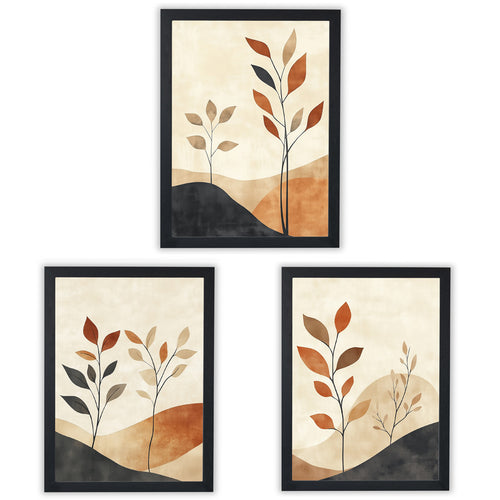 Abstract botanical wall art prints of terracotta stems set on textured backgrounds in earthy colors.