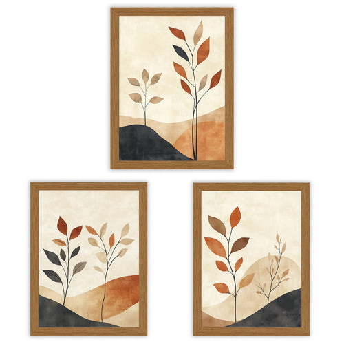 Abstract botanical wall art prints featuring terracotta stems in a set of three framed designs.