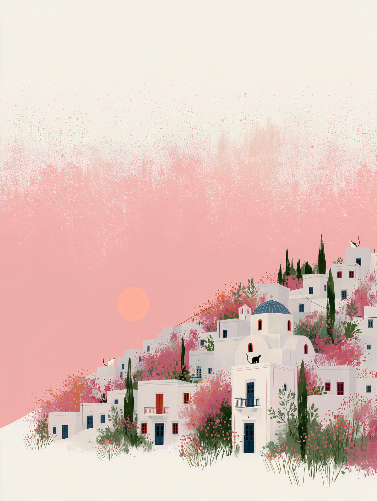 Santorini Summers – Hillside Bloom | Mediterranean Village Wall Art Print