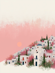 Santorini Summers – Hillside Bloom | Mediterranean Village Wall Art Print