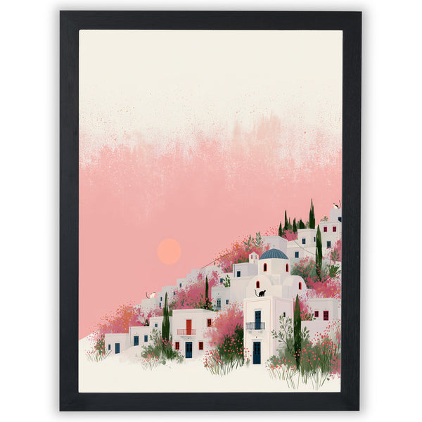 Santorini Summers – Hillside Bloom | Mediterranean Village Wall Art Print