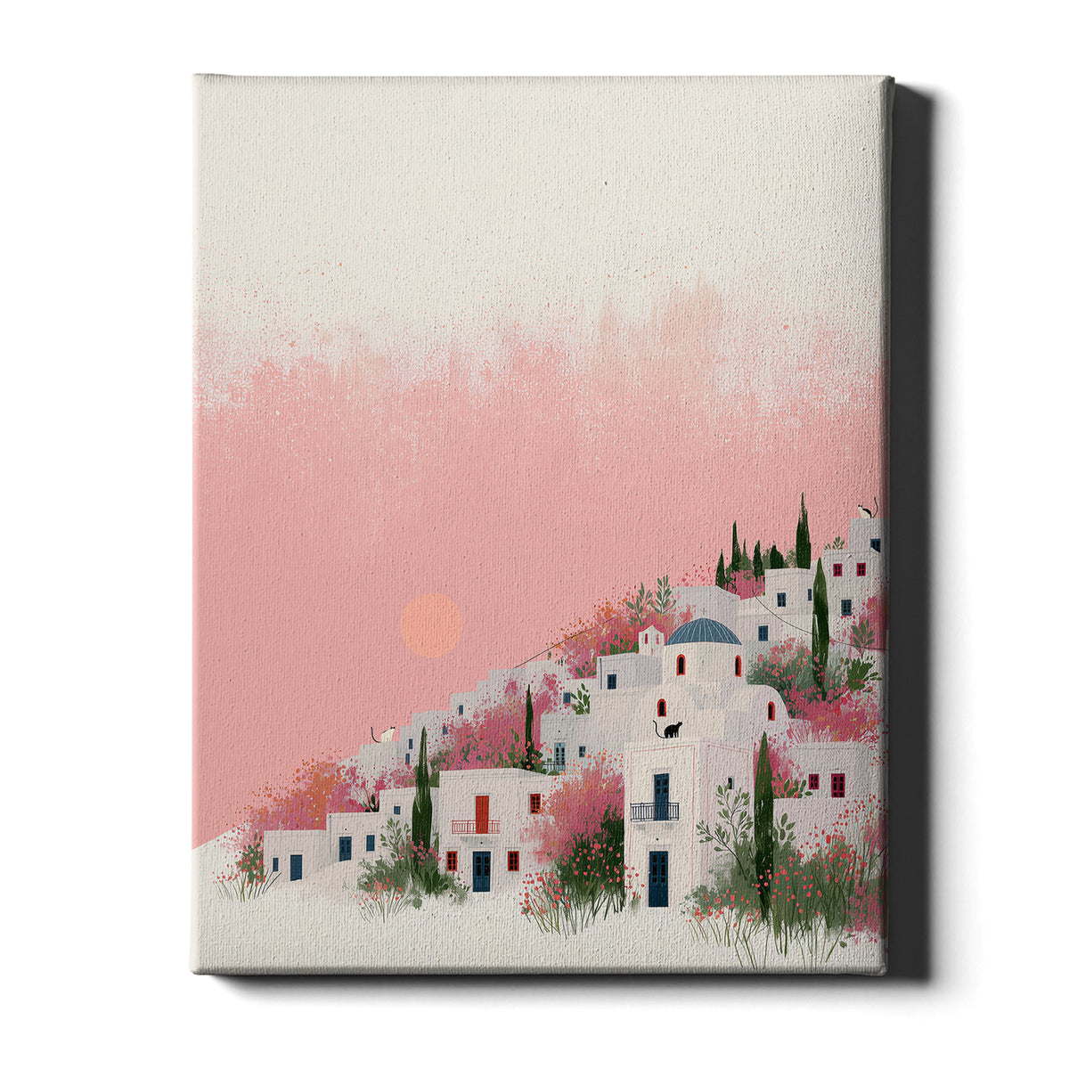 Santorini Summers – Hillside Bloom | Mediterranean Village Wall Art Print