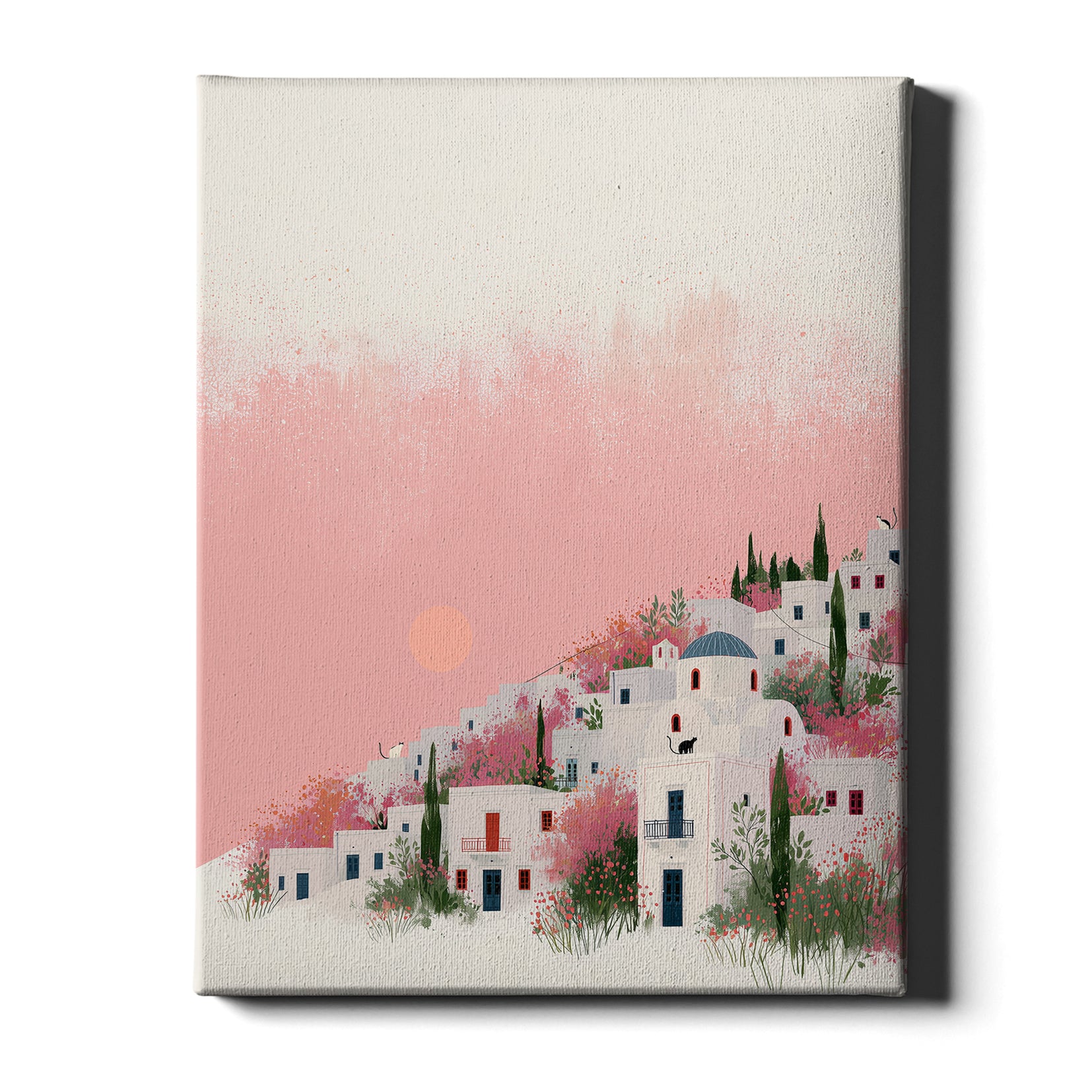 Santorini Summers – Hillside Bloom | Mediterranean Village Wall Art Print