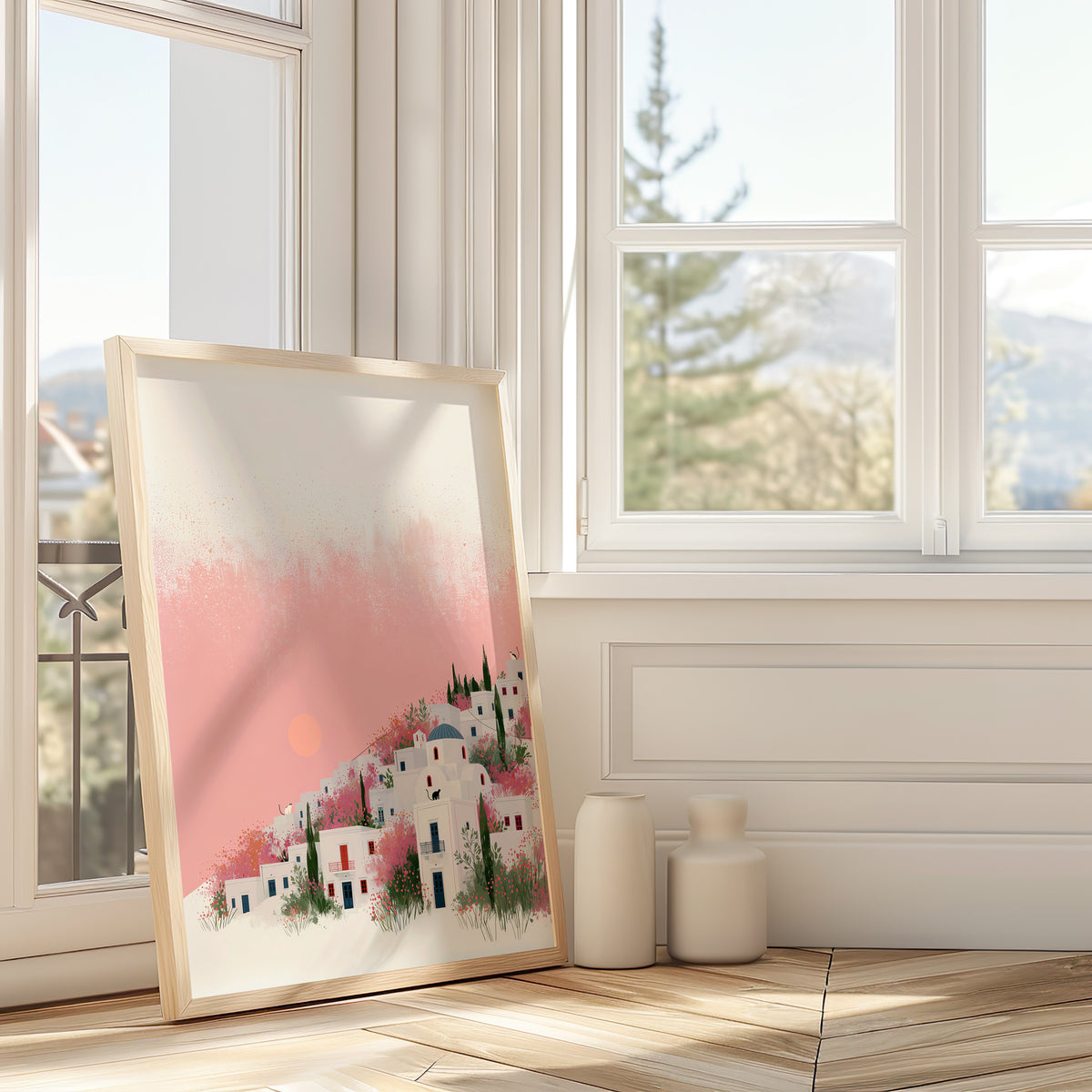 Santorini Summers – Hillside Bloom | Mediterranean Village Wall Art Print