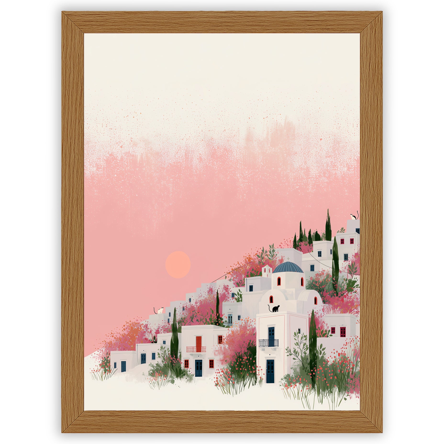 Santorini Summers – Hillside Bloom | Mediterranean Village Wall Art Print