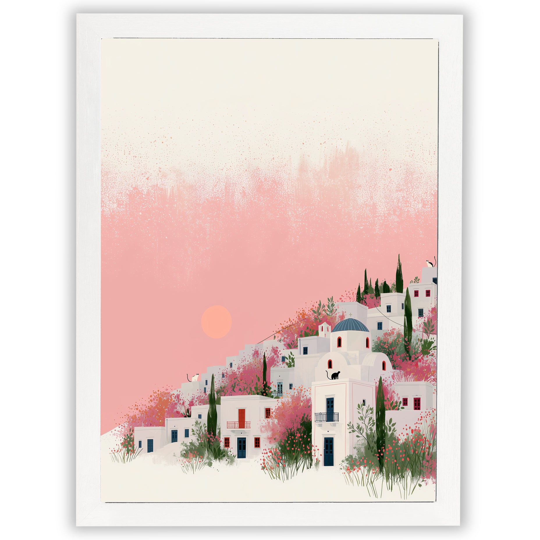 Santorini Summers – Hillside Bloom | Mediterranean Village Wall Art Print